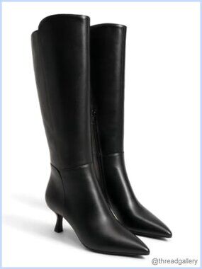 Kitten Heel Knee High Boots Pointed Toe Faux Leather Tall Dress Boots